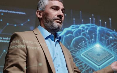 ERP consultant presenting AI analytics and a digital brain, illustrating AI as an ERP selection criterion